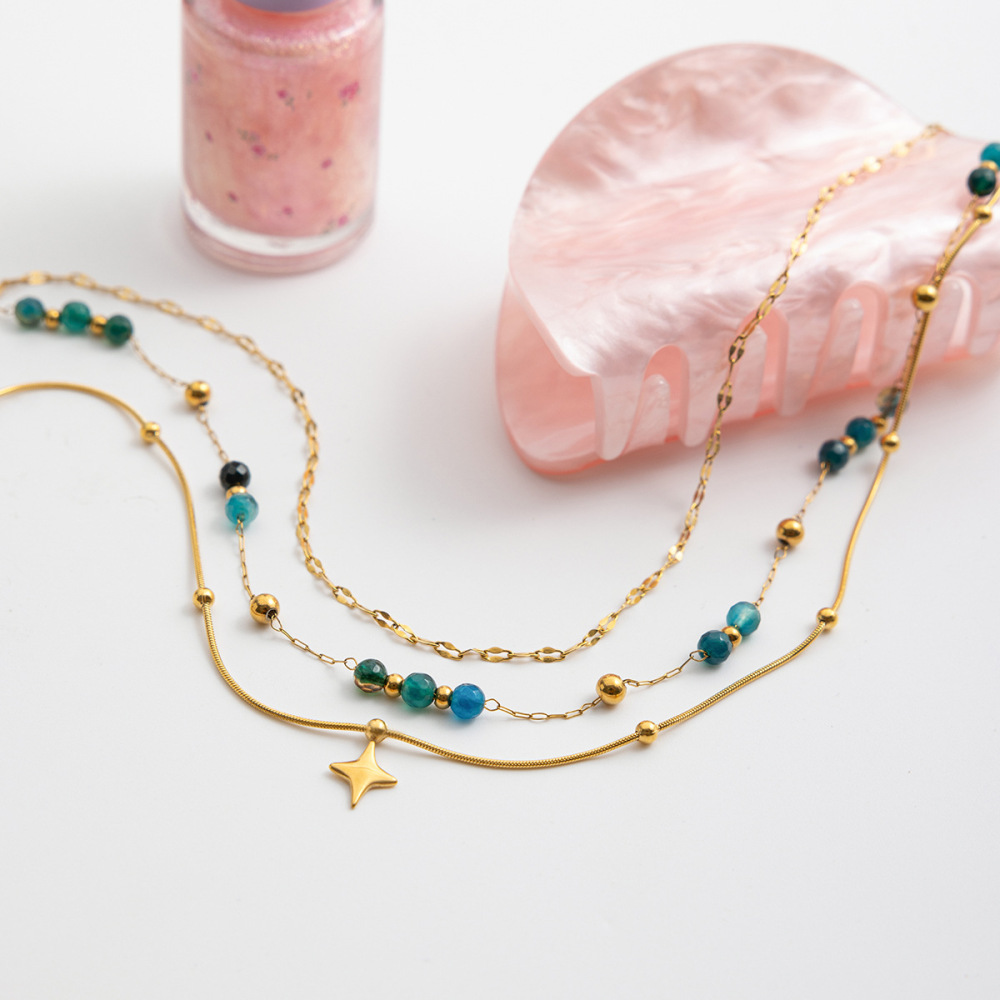 Collier À Plusieurs Rangs Pour Femme, Orné De Perles Rétro En Forme D'Étoile, En Acier Inoxydable Étanche Couleur Or (1 Pièce) Image7