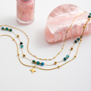 Collier À Plusieurs Rangs Pour Femme, Orné De Perles Rétro En Forme D'Étoile, En Acier Inoxydable Étanche Couleur Or (1 Pièce) h5 Image7