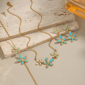 Ensemble De Colliers Et Colliers Romantiques Élégants En Acier Inoxydable Doré Et Or, Ornés De Strass, Avec Motif Floral. h5 Image3