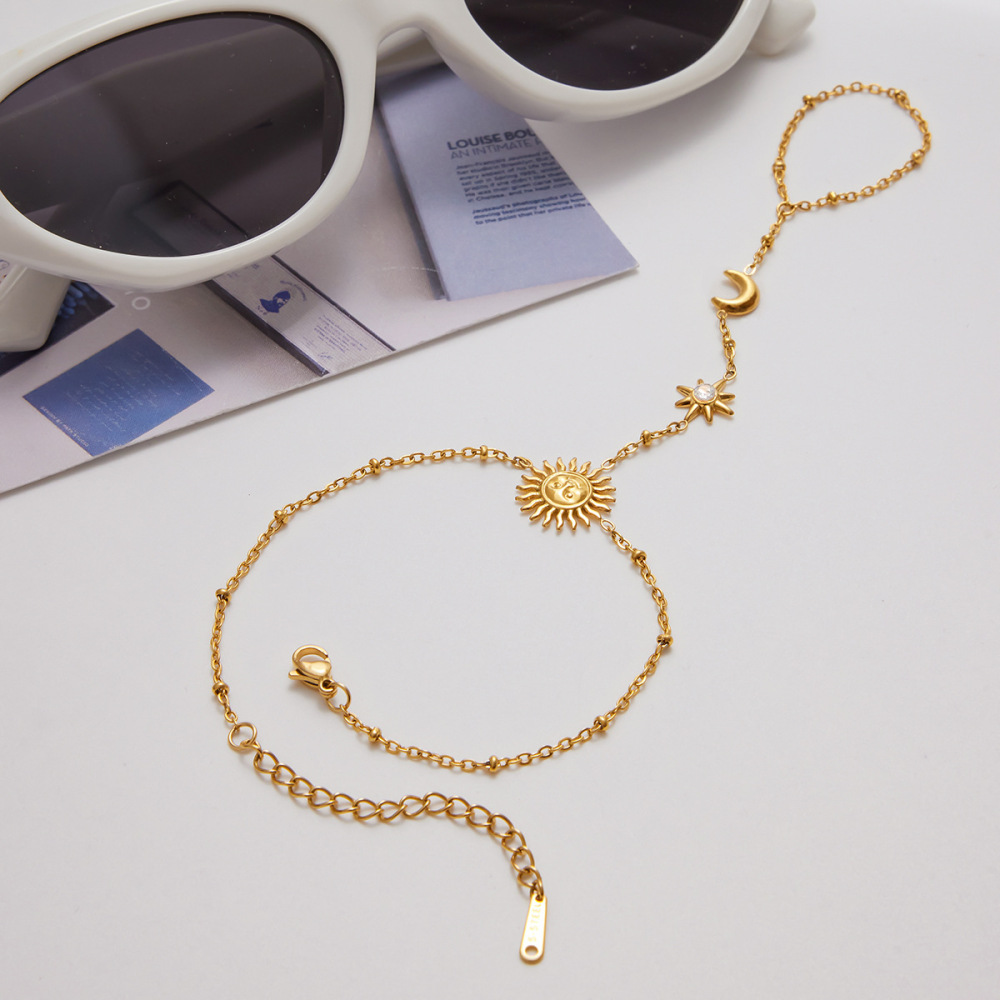 Bracelet Chaîne Classique Soleil Et Lune Pour Femme, En Acier Inoxydable Étanche, Couleur Or (1 Pièce). Image3