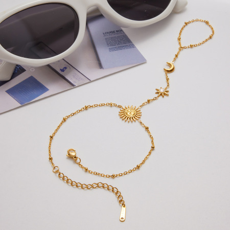 Bracelet chaîne classique soleil et lune pour femme, en acier inoxydable étanche, couleur or (1 pièce). 2