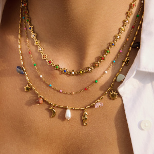 Ensembles De Bijoux Pour Femmes En Acier Inoxydable Doré, Imperméables, Avec Fleurs Colorées h5 Image3