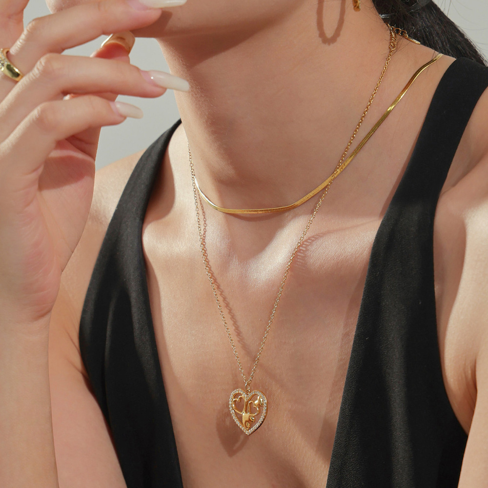 Collier Pendentif Élégant En Forme De Cœur, En Acier Inoxydable Étanche, Couleur Or, Pour Femme (1 Pièce) Image6