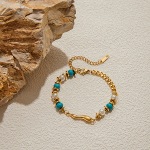 Bracelet Rétro En Perles De Calaïte, Chaîne En Acier Inoxydable Étanche, Couleur Or, Pour Femme (1 Pièce). h5 Image7
