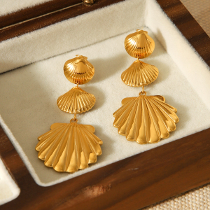 Boucles D'Oreilles Pendantes Pour Femme, Collection Simple Series Daily Shell, En Acier Inoxydable Étanche, Couleur Or (1 Paire). h5 Image6