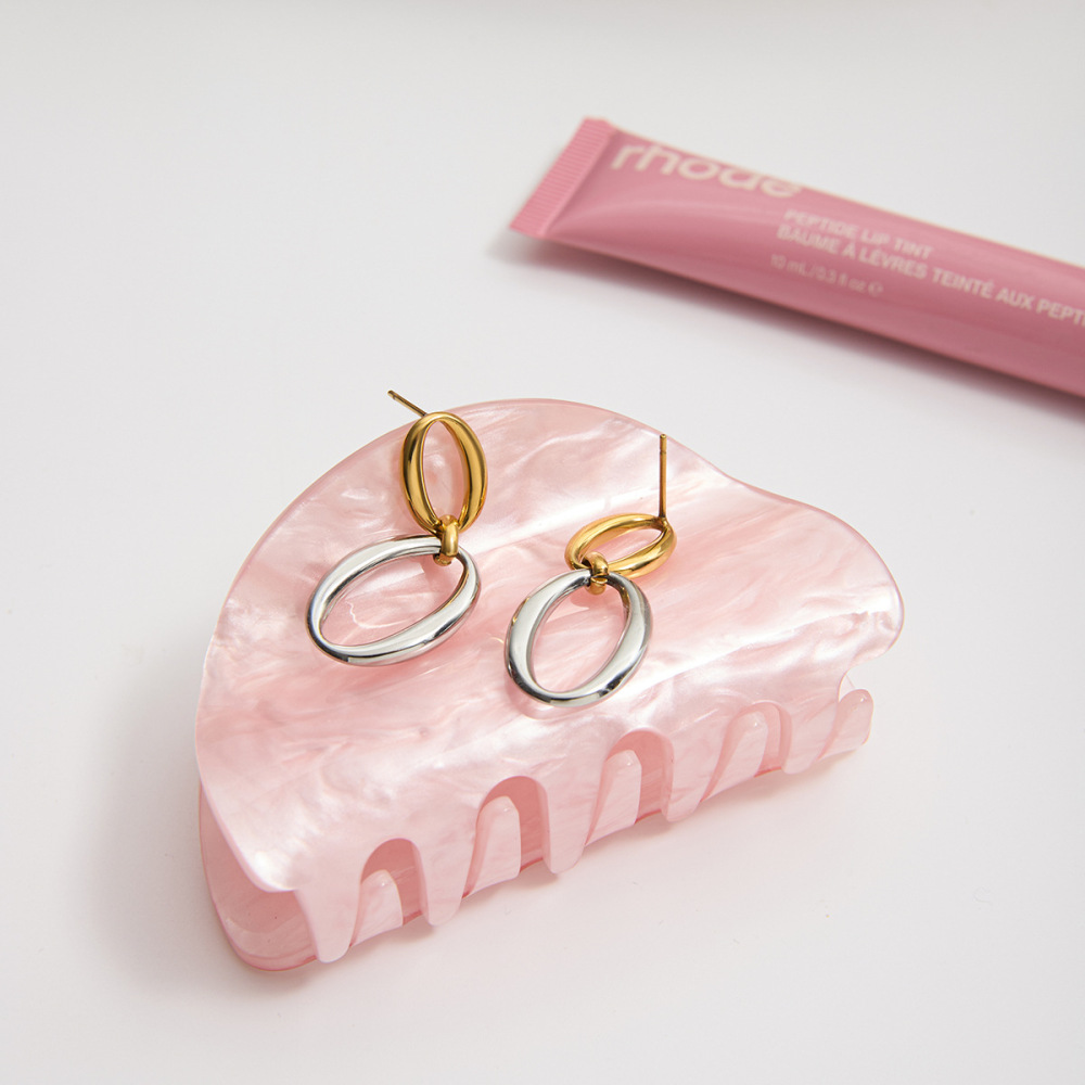 1 Paire De Boucles D'Oreilles Pendantes Classiques À Double Cercle En Acier Inoxydable Étanche Couleur Or Pour Femme h5Image2