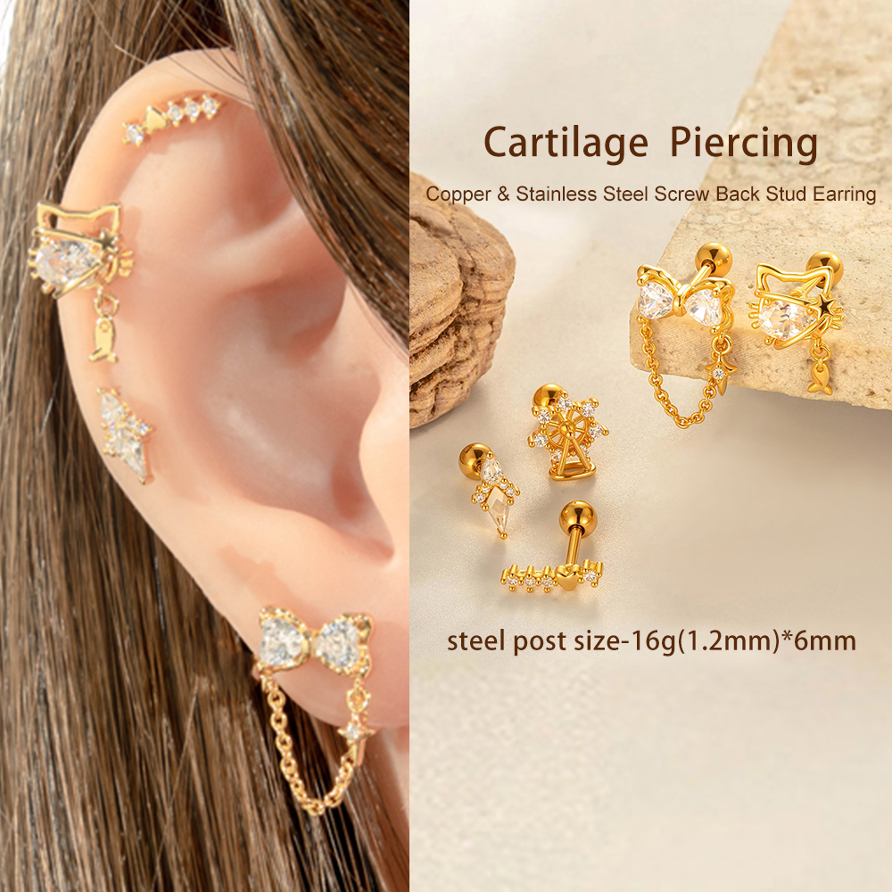 Boucle D'Oreille Piercing En Forme De Nœud Papillon En Cuivre Doré Et Zircon Image4