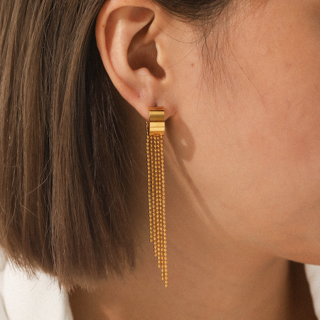 Boucles d'oreilles pendantes pour femme, simples et élégantes, en acier inoxydable doré, imperméables, avec pompon (1 paire).