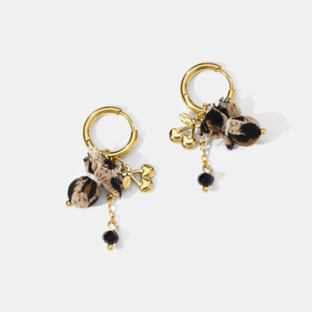 Boucles d'oreilles pendantes en acier inoxydable doré, imperméables, couleur cerise et tissu léopard