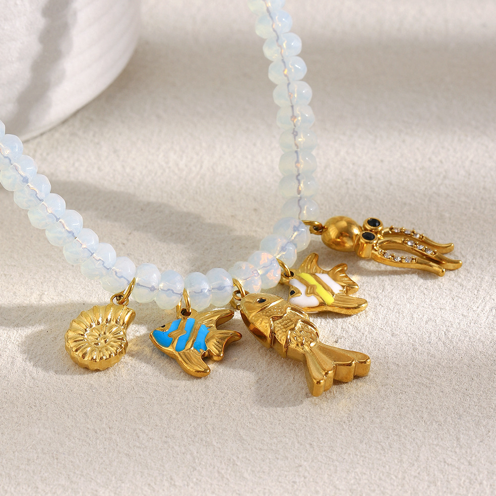 Collier Élégant Pour Femme, En Acier Inoxydable, Imperméable, Avec Perles Et Motif Poisson (1 Pièce) Image3