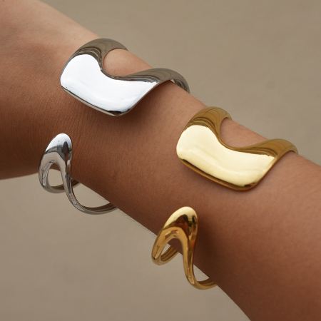 Bracelet jonc femme en acier inoxydable, couleur or, forme simple et irrégulière (1 pièce) 2