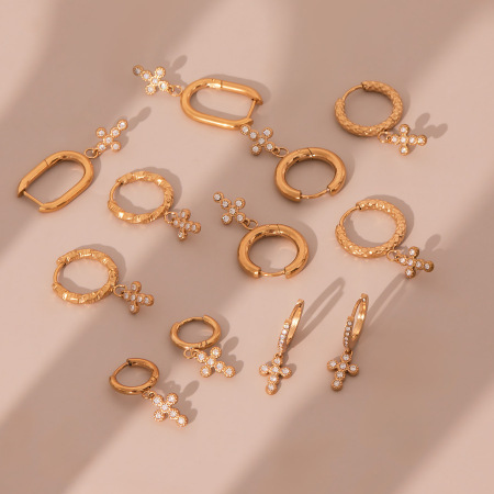 1 paire de boucles d'oreilles pendantes Daily Cross pour femme, en acier inoxydable étanche, couleur or, avec zircon. 2