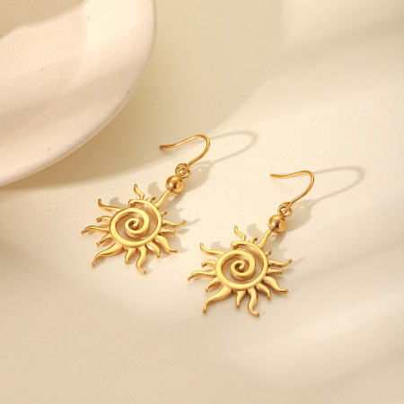 Boucles d'oreilles pendantes minimalistes en acier inoxydable doré, imperméables, motif soleil, pour femme (1 paire). 2