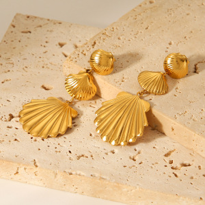 Boucles D'Oreilles Pendantes Pour Femme, Collection Simple Series Daily Shell, En Acier Inoxydable Étanche, Couleur Or (1 Paire). h5 Image3