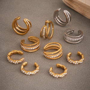 1 Paire De Boucles D'Oreilles Manchette D'Oreille Femme En Acier Inoxydable Doré, Étanches, Serties De Zircon, Motif Torsadé. h5 Image4