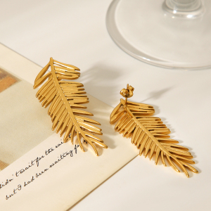 Boucles D'Oreilles Puces Daily Leaf Pour Femme, En Acier Inoxydable Étanche, Couleur Or (1 Paire). h5 Image6