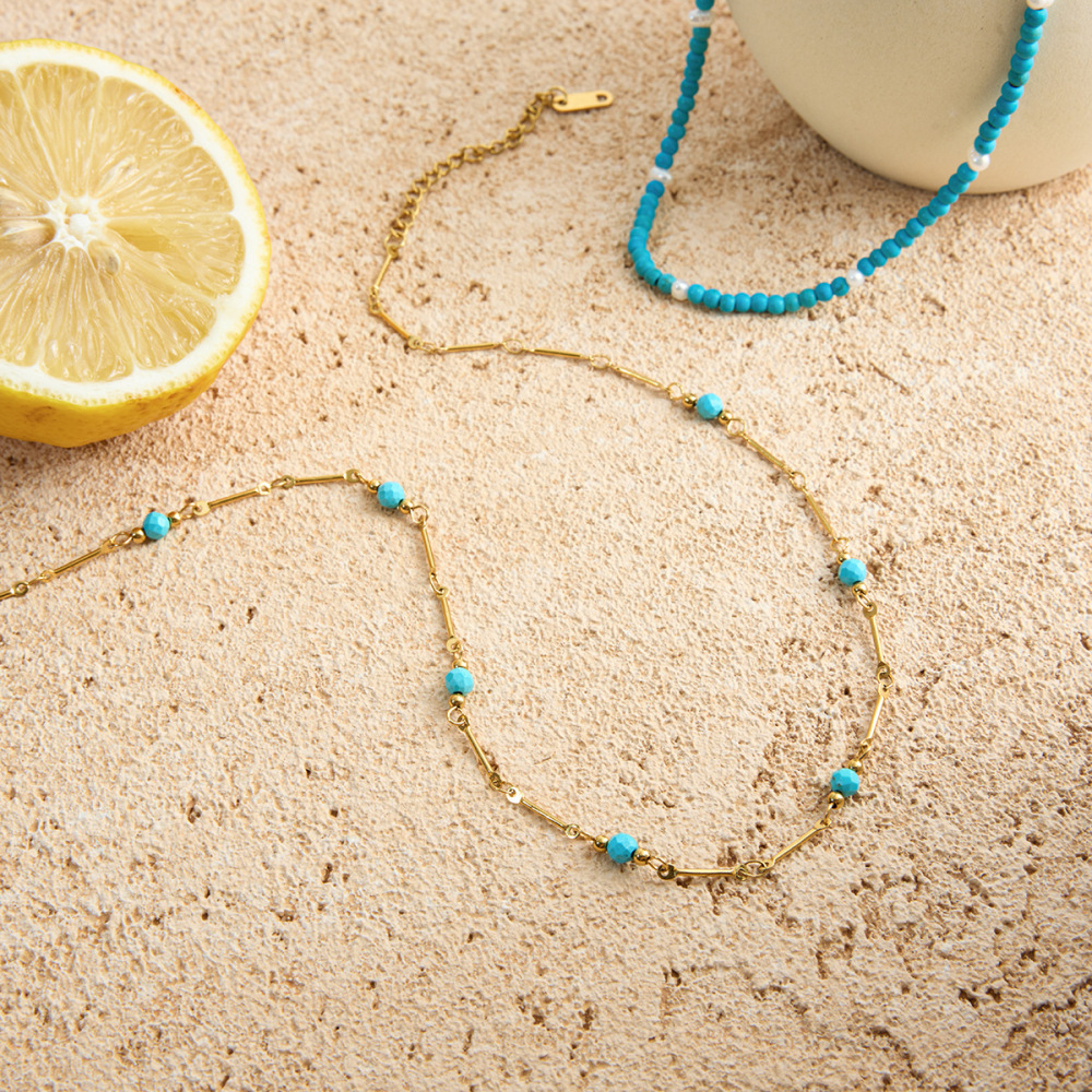 Collier Classique Pour Femme En Acier Inoxydable Calaite, Couleur Or, Avec Pierre Naturelle Et Chaîne, 1 Pièce Image3
