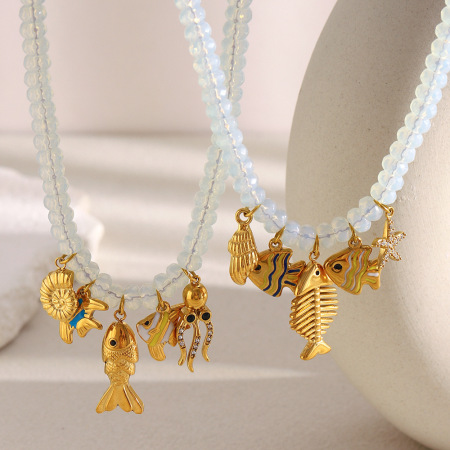 Collier élégant pour femme, en acier inoxydable, imperméable, avec perles et motif poisson (1 pièce)