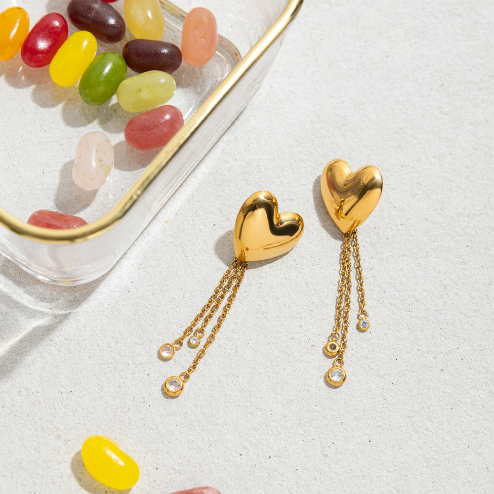 Boucles D'Oreilles Pendantes Romantiques En Forme De Cœur Avec Pompon, En Acier Inoxydable Étanche, Couleur Or, Pour Femme (1 Paire). Image6