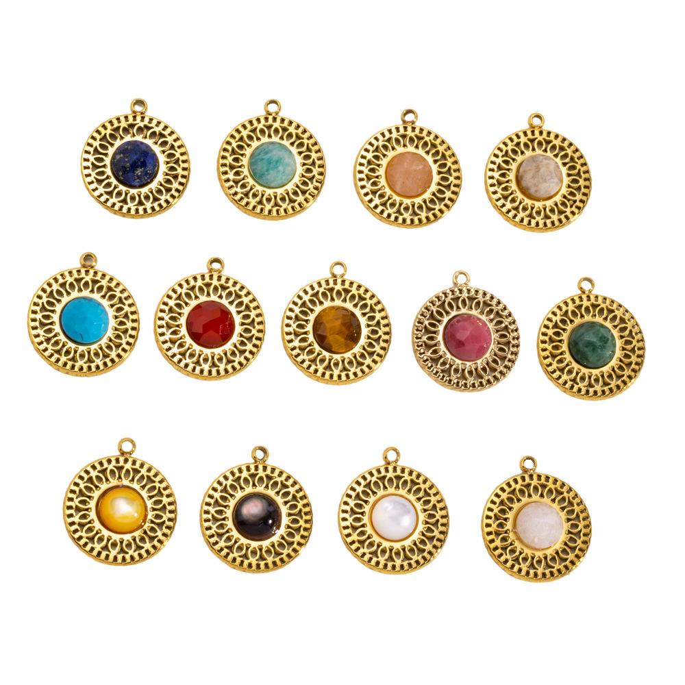 Pendentif Femme Luxueux Rétro Rond En Acier Inoxydable Étanche Et Pierre Naturelle (1 Pièce) Image4