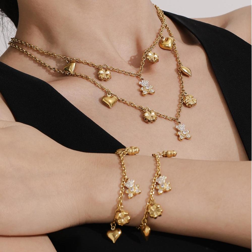 Ensembles De Bijoux Pour Femmes En Acier Inoxydable Imperméable, Couleur Or, Avec Ours Mignon Et Trèfle h5Image2