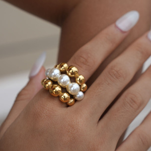 Bague Tendance En Acier Inoxydable Doré, Imperméable, Patchwork Naturel, 1 Pièce, Collection Simple. h5 Image4