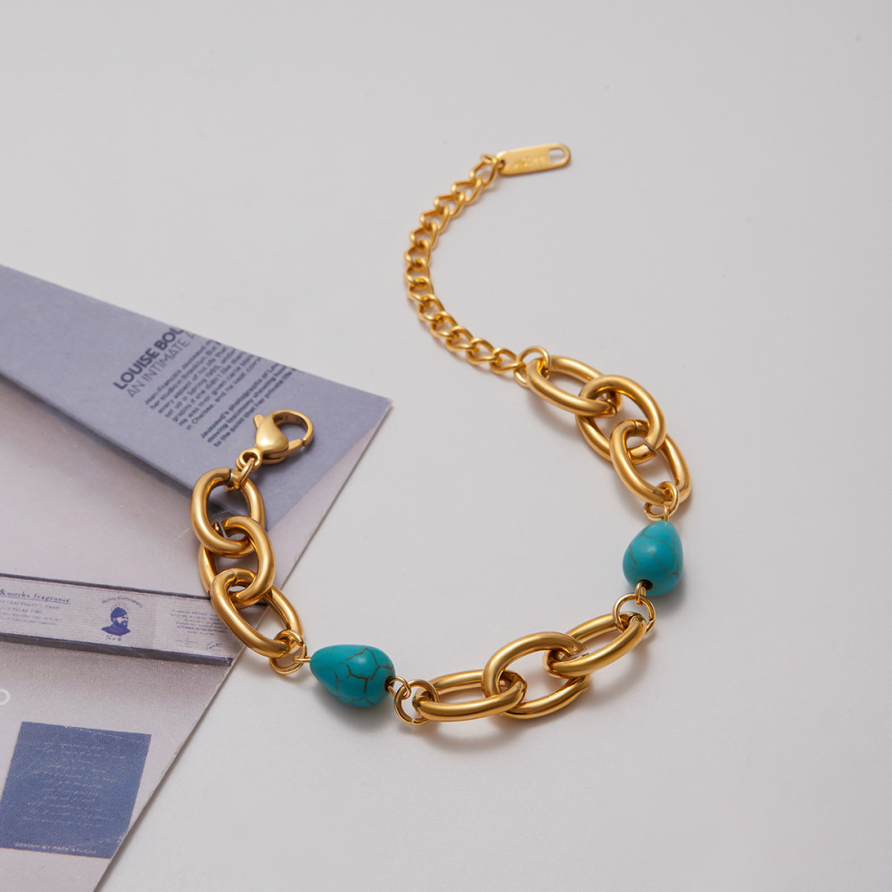 Bracelet Rétro En Perles De Calaïte, Chaîne En Acier Inoxydable Étanche, Couleur Or, Pour Femme (1 Pièce). Image5