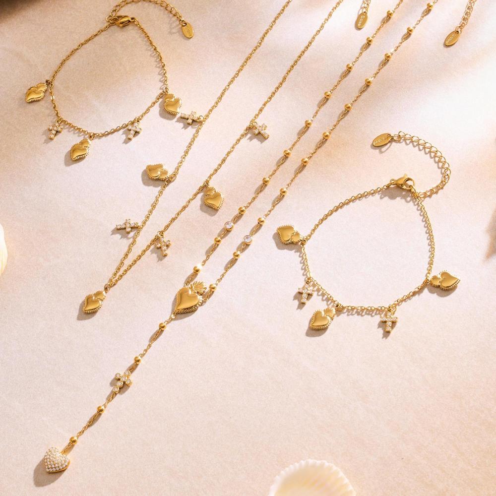 Ensembles De Bijoux Pour Femmes En Acier Inoxydable Doré, Forme Croix Et Cœur, Collection Romantique h5Image2