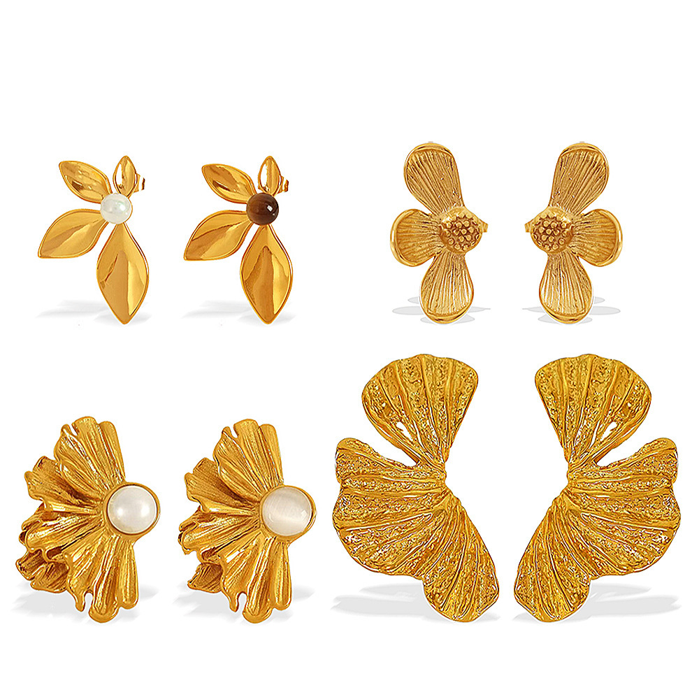 1 Paire De Boucles D'Oreilles À Clous En Acier Inoxydable Doré, Imperméables, En Forme De Fleur Image4