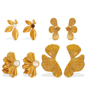 1 Paire De Boucles D'Oreilles À Clous En Acier Inoxydable Doré, Imperméables, En Forme De Fleur h5 Image4