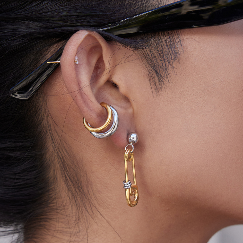 Boucles D'Oreilles Pendantes Pour Femme, Style Trombone Moderne, En Acier Inoxydable Étanche, Couleur Or (1 Paire). h5Image5