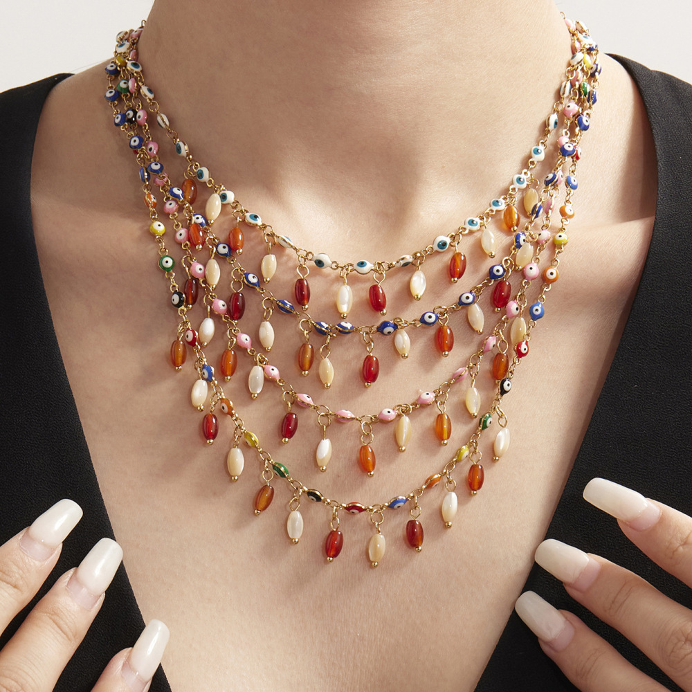 Collier Pendentif Rétro Œil De Diable En Agate, Acier Inoxydable, Étanche, Pour Femme (1 Pièce) Image4