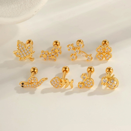Boucle d'oreille piercing croix cuivre or zircon 1 pièce
