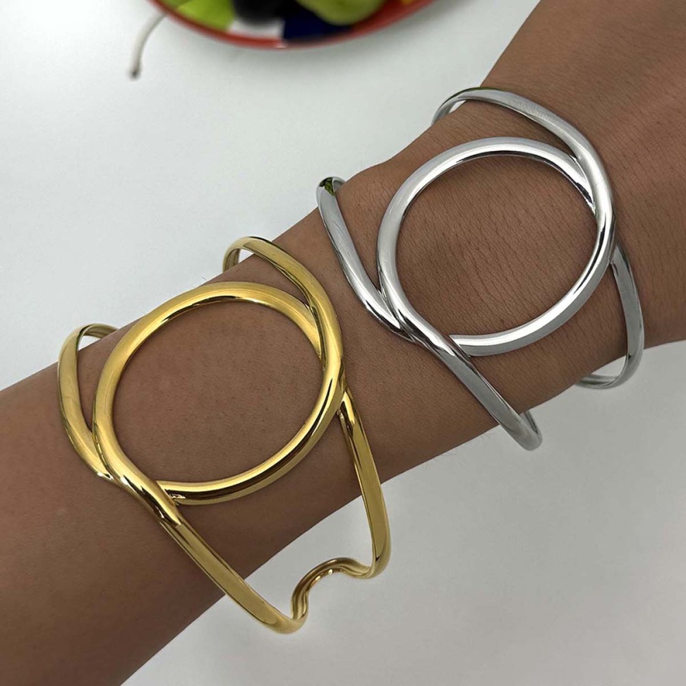 Bracelet Manchette Pour Femme, En Acier Inoxydable, Étanche, De Forme Irrégulière Et Naturelle (1 Pièce). Image4