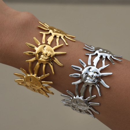 Bracelet manchette femme Simple Series Retro Sun en acier inoxydable étanche couleur or (1 pièce) 2