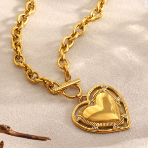 Collier Pendentif Femme En Acier Inoxydable Doré, Délicat, En Forme De Cœur (1 Pièce) h5 Image4