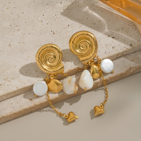 Boucles d'oreilles pendantes en acier inoxydable doré, étanches, en forme de coquillage (1 paire)