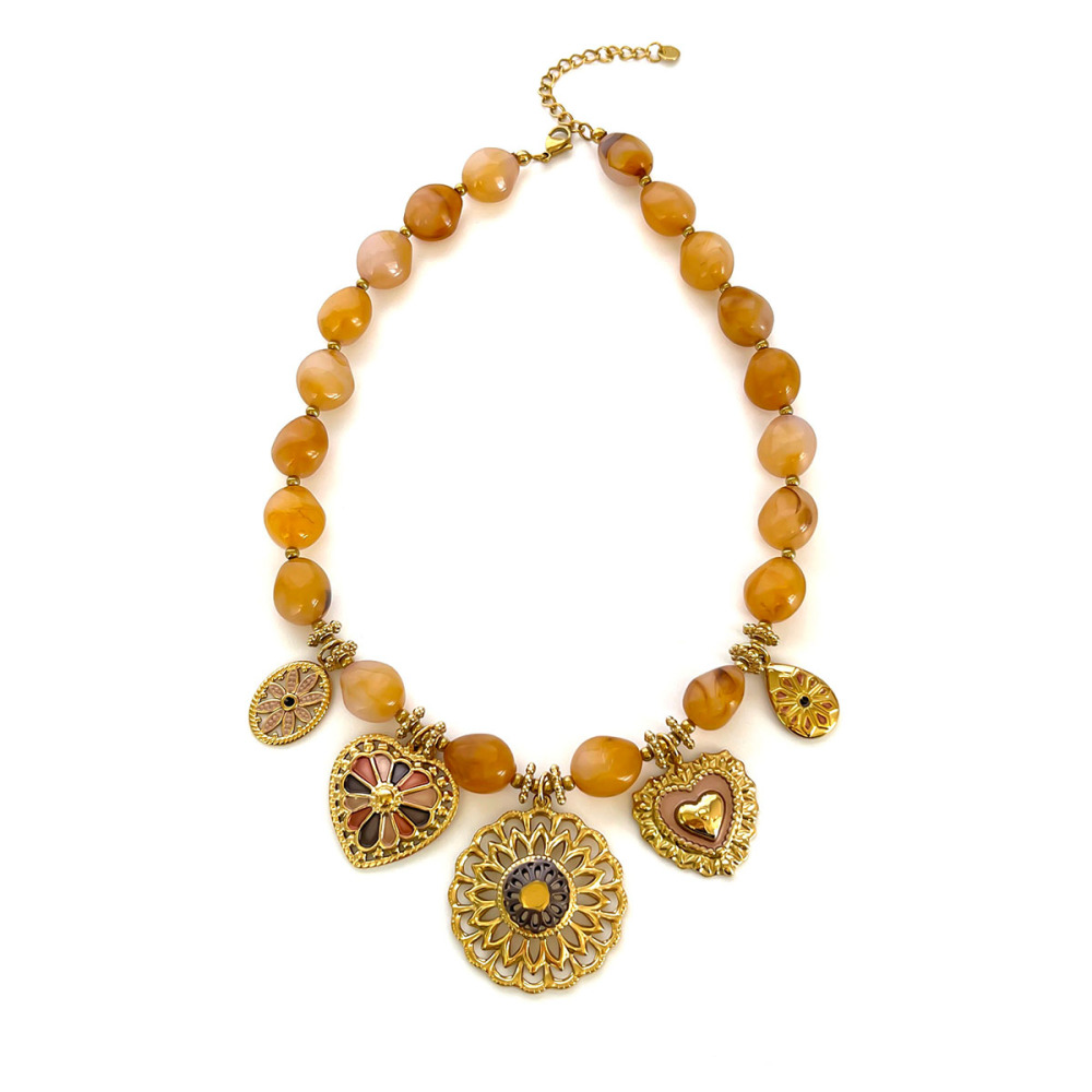 Collier Pendentif Luxueux En Résine Couleur Or En Forme De Cœur Et De Fleur, 1 Pièce