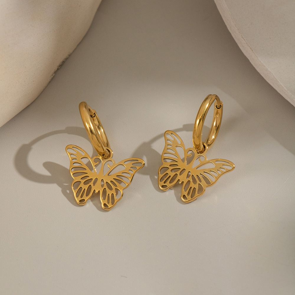 Boucles D'Oreilles Pendantes Romantiques Papillon En Acier Inoxydable Étanche Couleur Or Pour Femme (1 Paire) h5Image4
