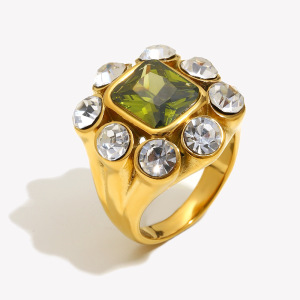 Bague Pour Femme, 1 Pièce, De Luxe, Rectangulaire, En Acier Inoxydable, Étanche, Couleur Or, Ornée D'Un Zircon. h5 