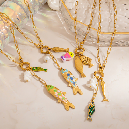 Collier pendentif femme en acier inoxydable étanche, léger, luxueux et haut de gamme, en forme de poisson.