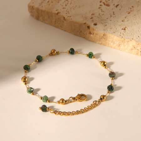 Ensemble de bijoux pour femmes comprenant 1 pièce de perles ethniques rondes en acier inoxydable étanche couleur or et pierre naturelle 2
