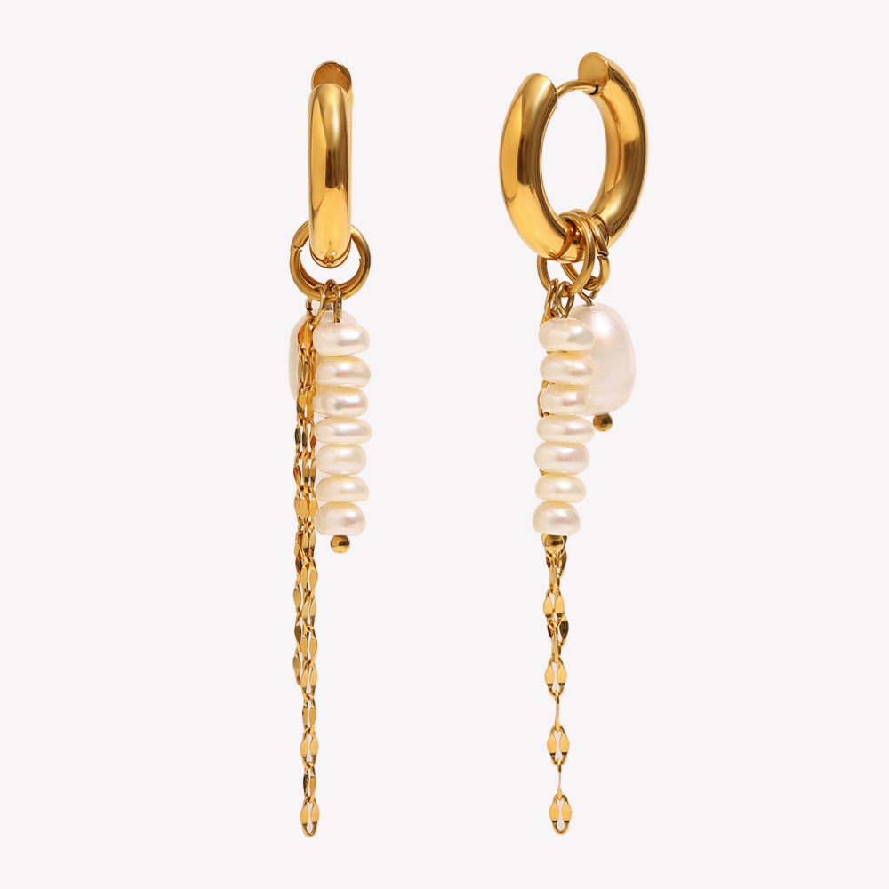 Boucles D'Oreilles Pendantes Élégantes Pour Femme, En Acier Inoxydable Doré, Avec Perles Et Pompons. 1 Paire.