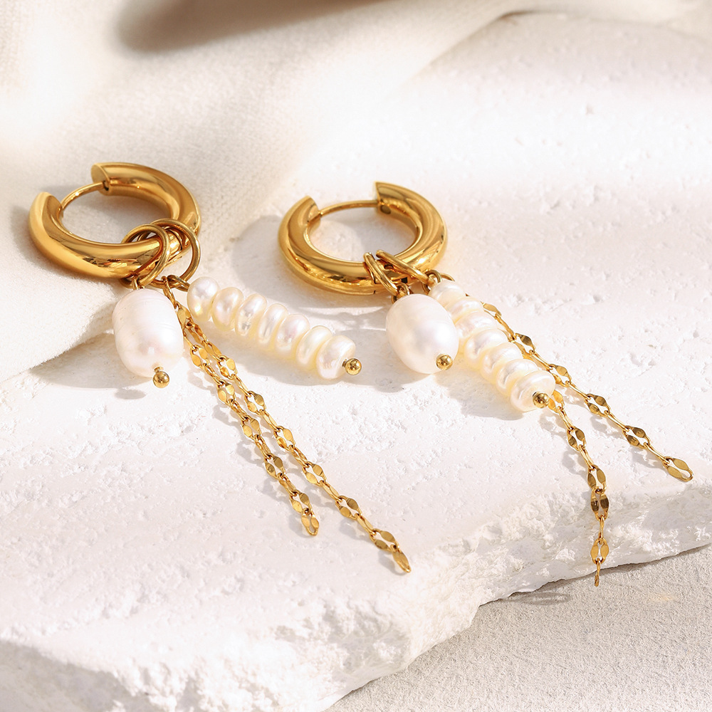 Boucles D'Oreilles Pendantes Élégantes Pour Femme, En Acier Inoxydable Doré, Avec Perles Et Pompons. 1 Paire. h5Image6