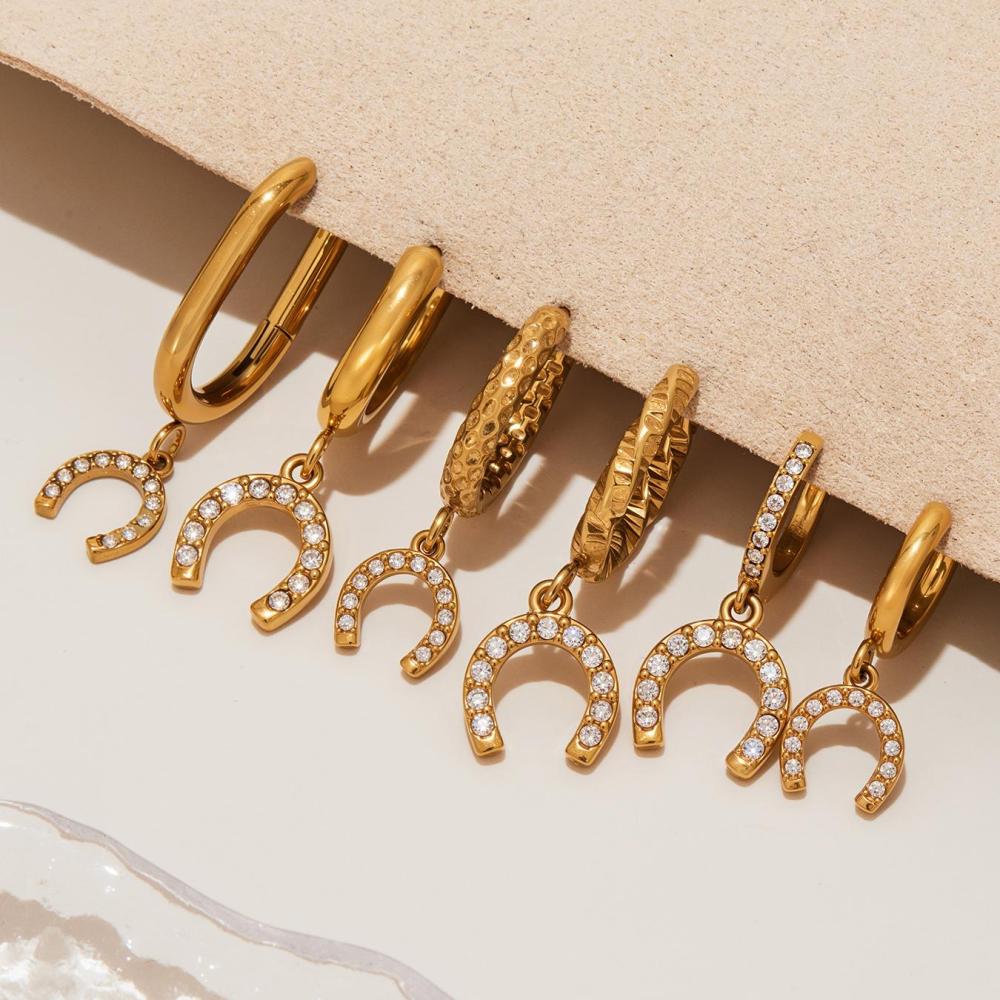 1 Paire De Boucles D'Oreilles Pendantes Luxueuses En Forme De Fer À Cheval, En Acier Inoxydable Étanche Couleur Or Et Zircon. Image4