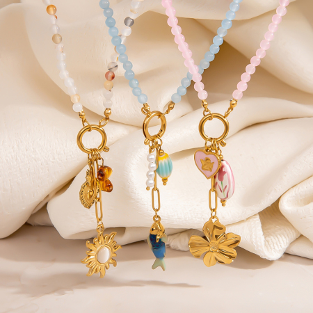 Collier de perles pour femme, motif poisson-soleil et fleur douce, en acier inoxydable étanche couleur or (1 pièce)