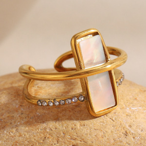 Bague Élégante Rectangulaire En Acier Inoxydable, Étanche, Couleur Or, Ornée D'Un Coquillage. h5 Image3
