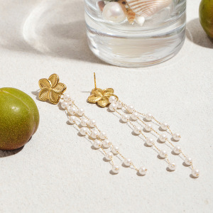 Boucles D'Oreilles Élégantes Pour Femme, Ornées De Perles Et De Pompons Floraux, En Acier Inoxydable Imperméable Couleur Or (1 Paire). h5 Image6