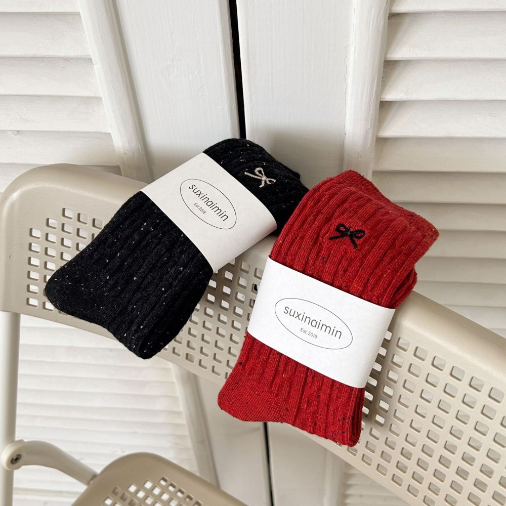 1 Paire De Chaussettes Mi-Mollet En Coton Pour Femme Avec Nœud De Couleur Unie h5Image3