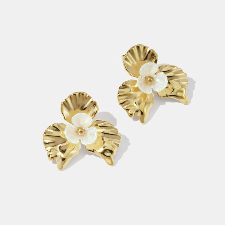 Boucles d'oreilles puces romantiques en acier inoxydable imperméable couleur or, motif floral 2
